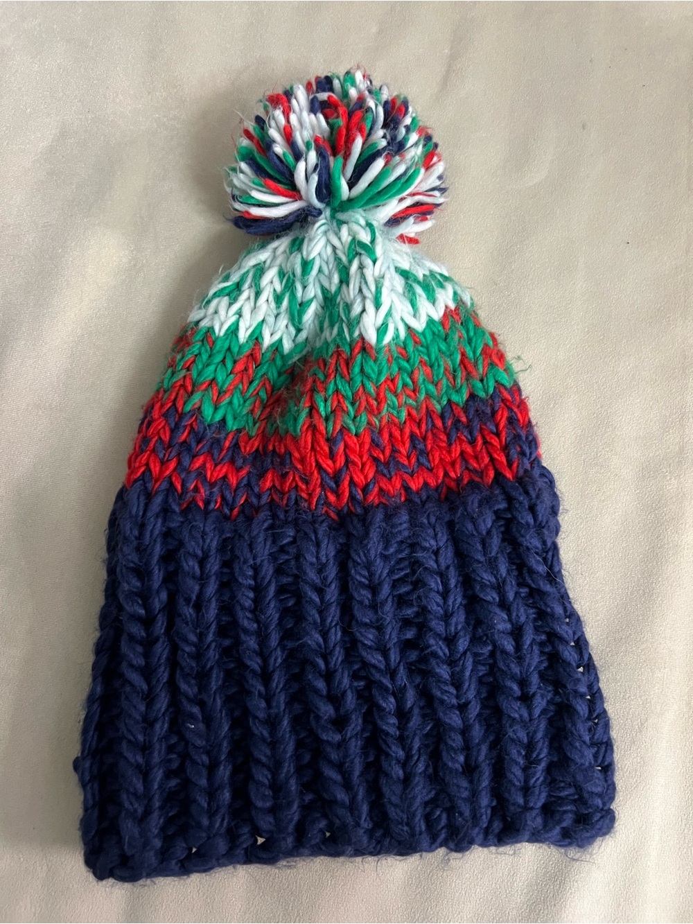 🧶❄️ Free People Chunky Knit Pom Pom Beanie Navy Multicolor Boho Ski Hat